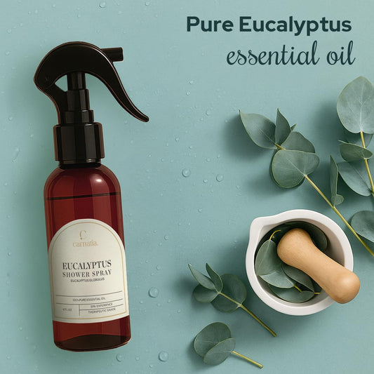 Carnatia Eucalyptus Shower Spray demonstrates easy pump-dispense for quick misting.