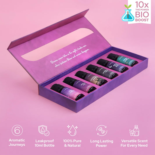 Six essential oil bottles in the Carnatia Sleep Essentials set