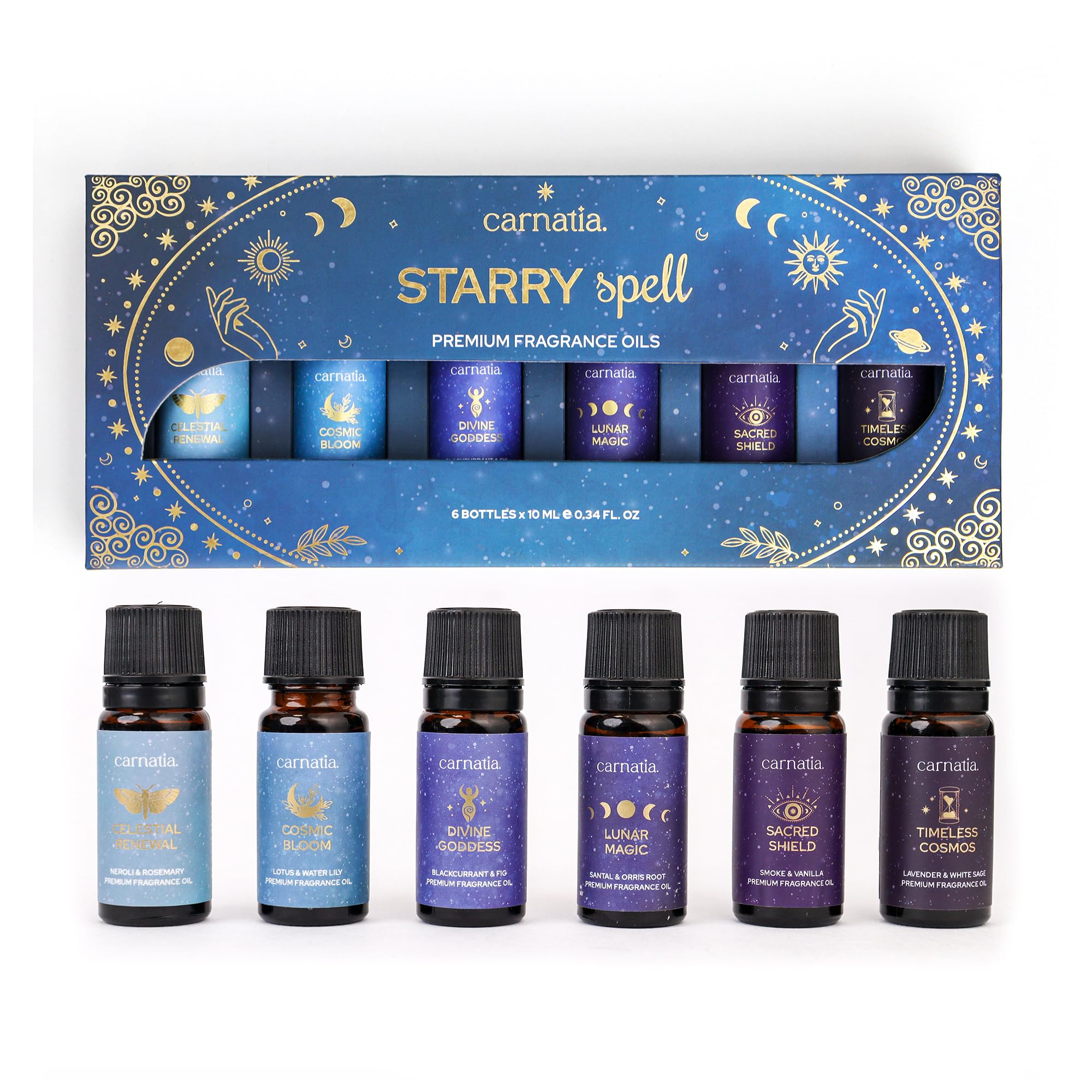 Six Carnatia Starry Spell fragrance oil bottles in set