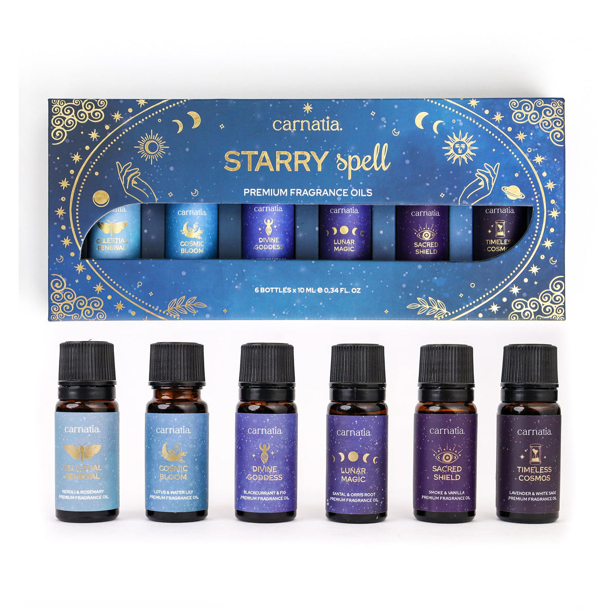Six Carnatia Starry Spell fragrance oil bottles in set
