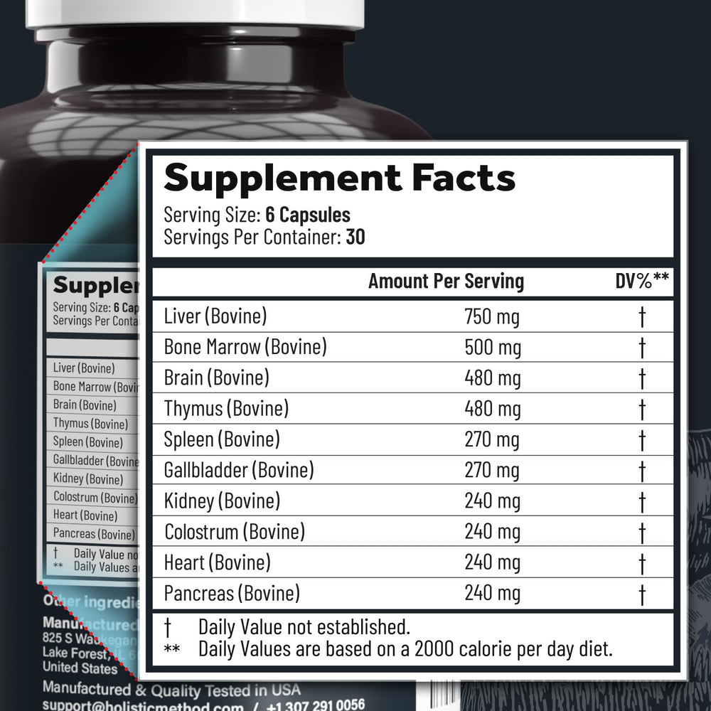 Carnivore Method Beef Organ Supplement bottle back with nutrition details.
