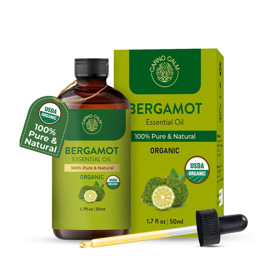 Carno Calm Bergamot Essential Oil bottle in dark glass