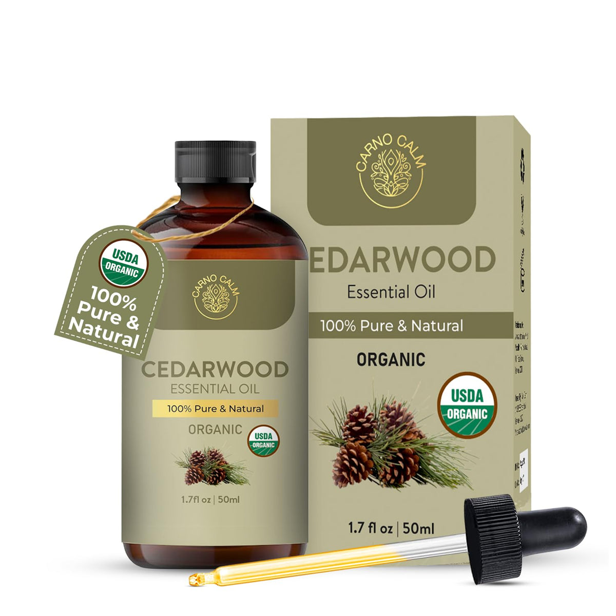 Carno Calm Cedarwood essential oil in amber glass bottle 50ml