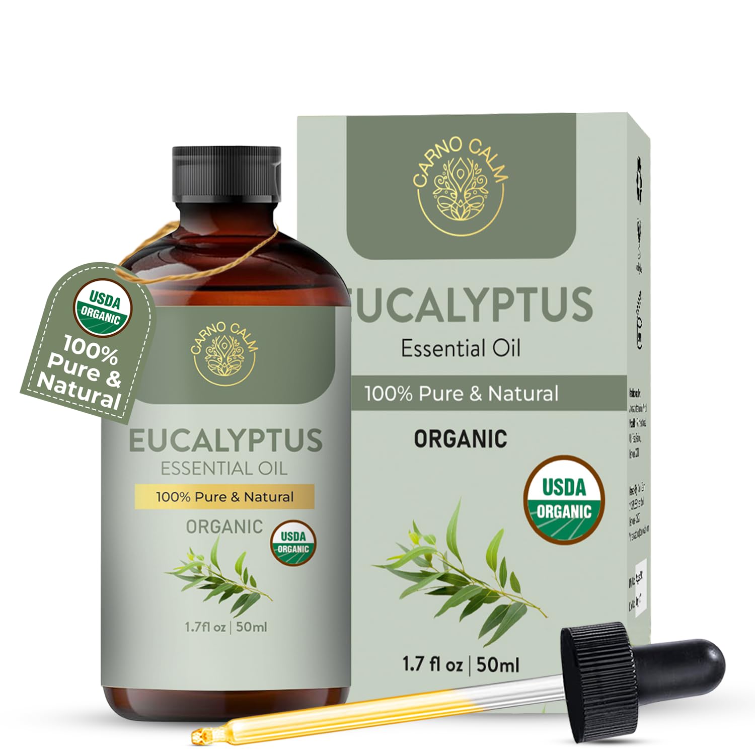 Carno Calm Eucalyptus essential oil bottle, 1.7 fl oz, USDA Certified Organic