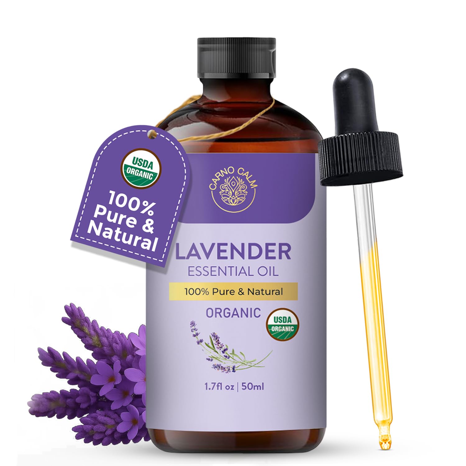 USDA Organic label on Carno Calm Lavender Oil bottle