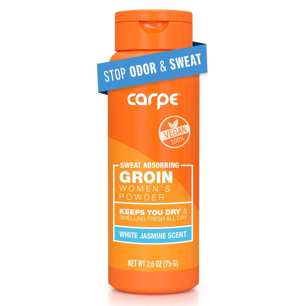 Carpe sweat-absorbing powder bottle shows talc-free formula for all-day freshness.