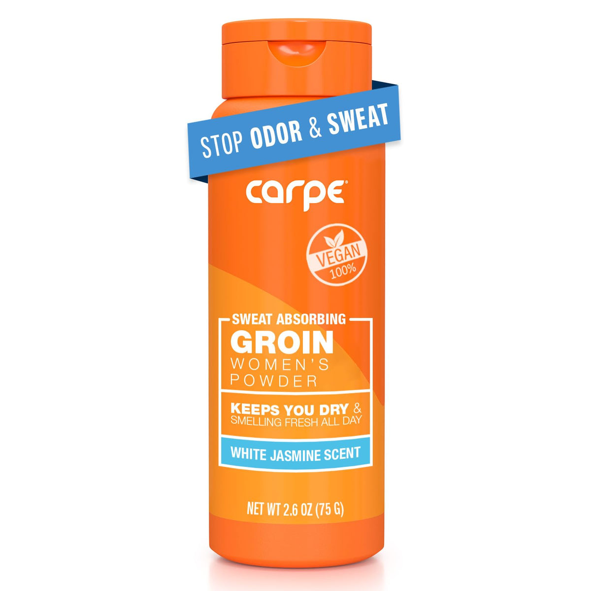 Carpe sweat-absorbing powder bottle shows talc-free formula for all-day freshness.