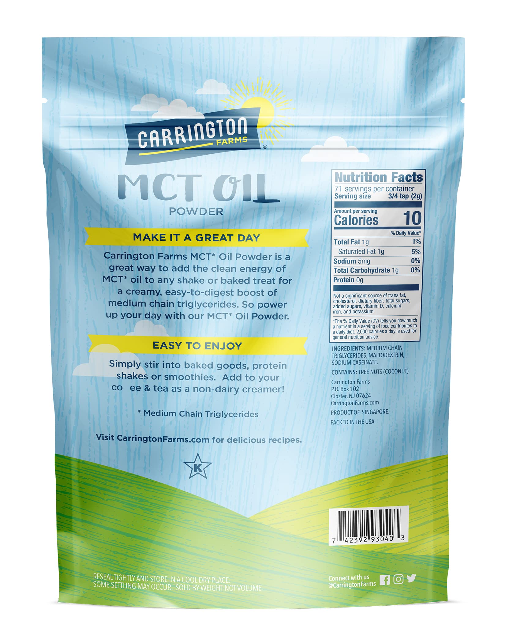Ingredients and nutrition information for Carrington MCT Powder