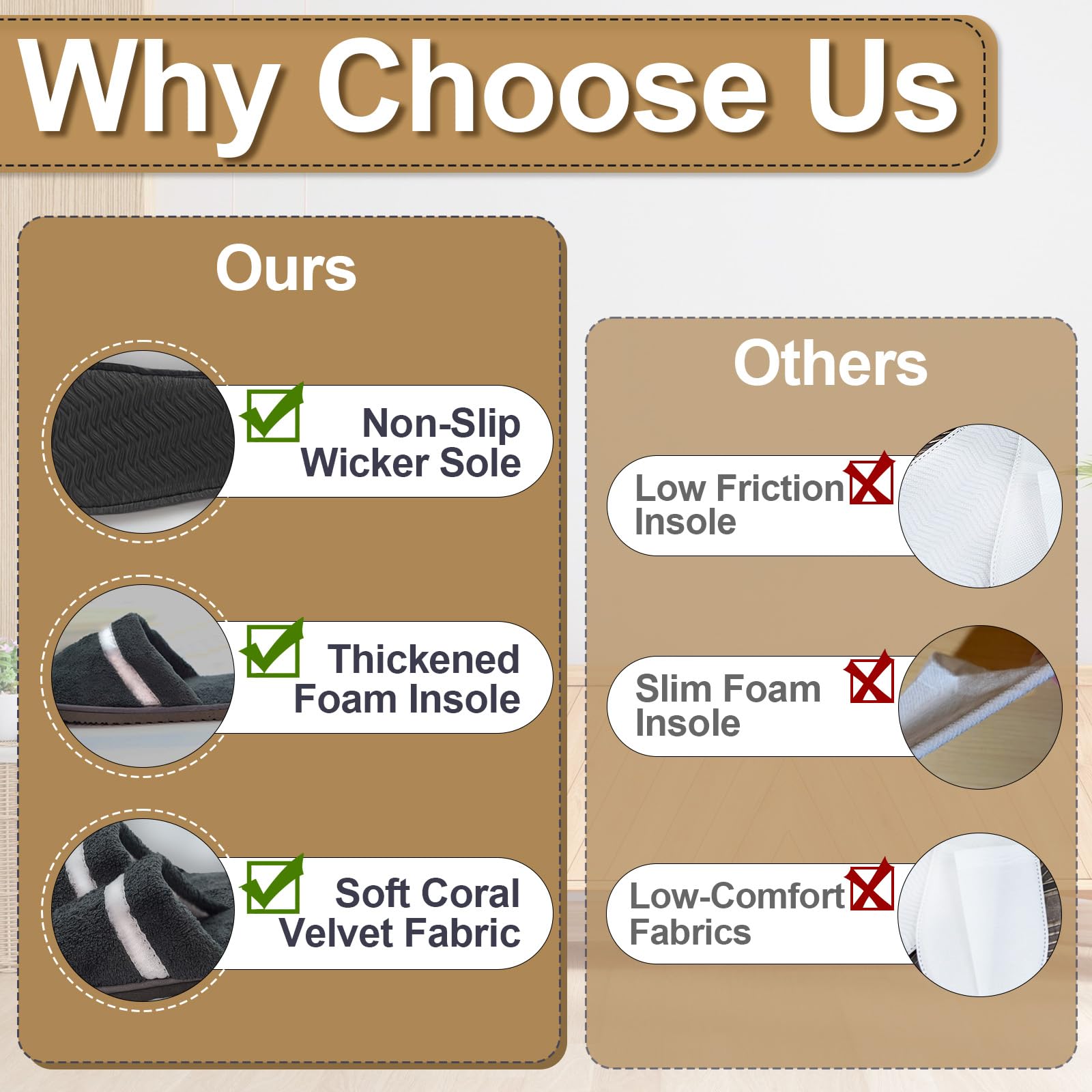 CarryEpic brown and dark gray slippers suitable for hotels and events.