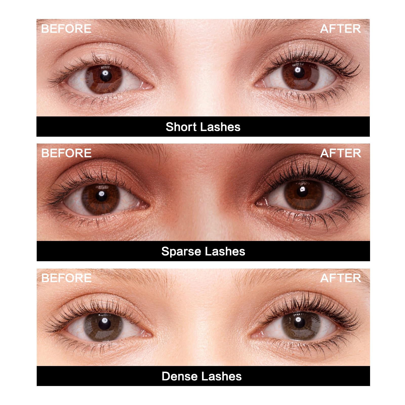 CARSLAN tubing mascara lash closeup shows layer by layer lengthening and curl.