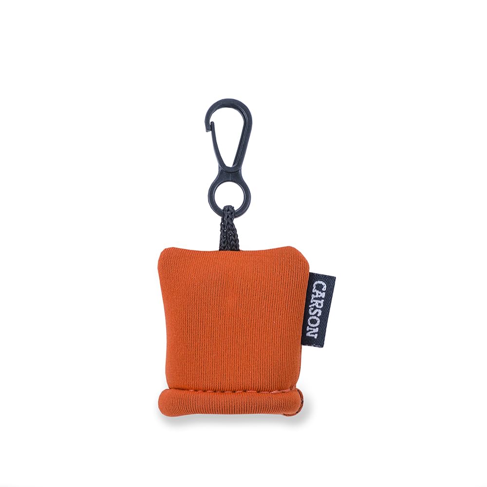 Close-up of orange Stuff-It microfiber cloth and pouch