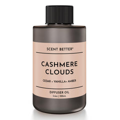 Cashmere Clouds essential oil blend bottle for diffusers showing Cedar, Vanilla & Amber notes