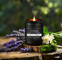Elegant glass jar candle on bedside table
