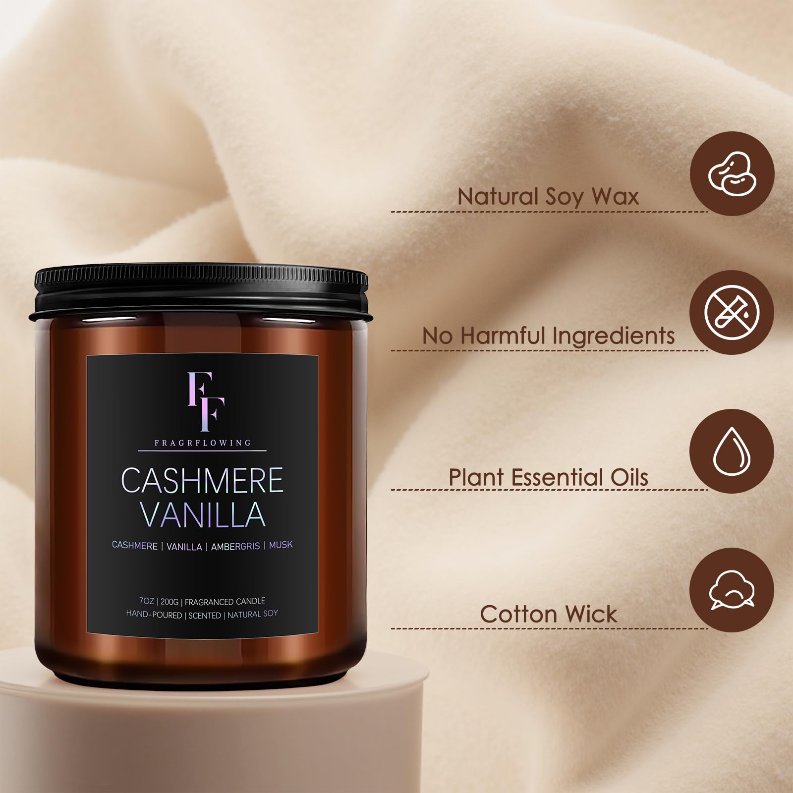 7oz soy wax candle burning with Cashmere Vanilla fragrance
