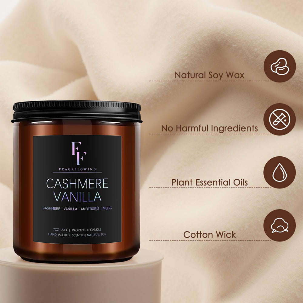 7oz soy wax candle burning with Cashmere Vanilla fragrance