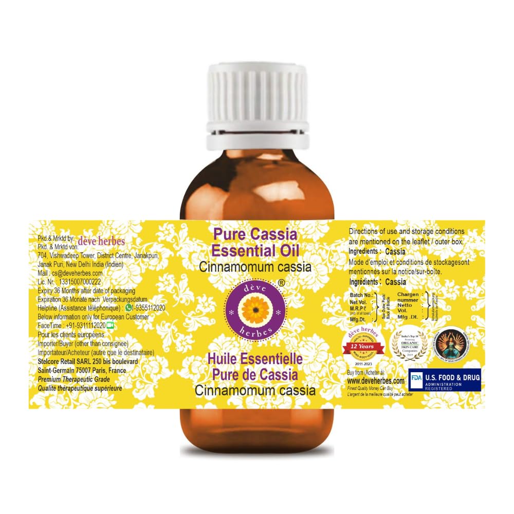 Close-up of steam-distilled Cassia essential oil bottle