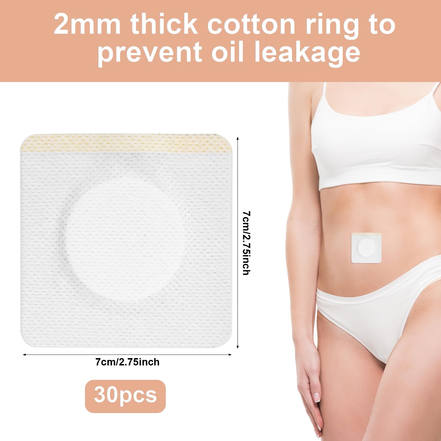 Close-up of a single belly button patch showing 7x7 cm size