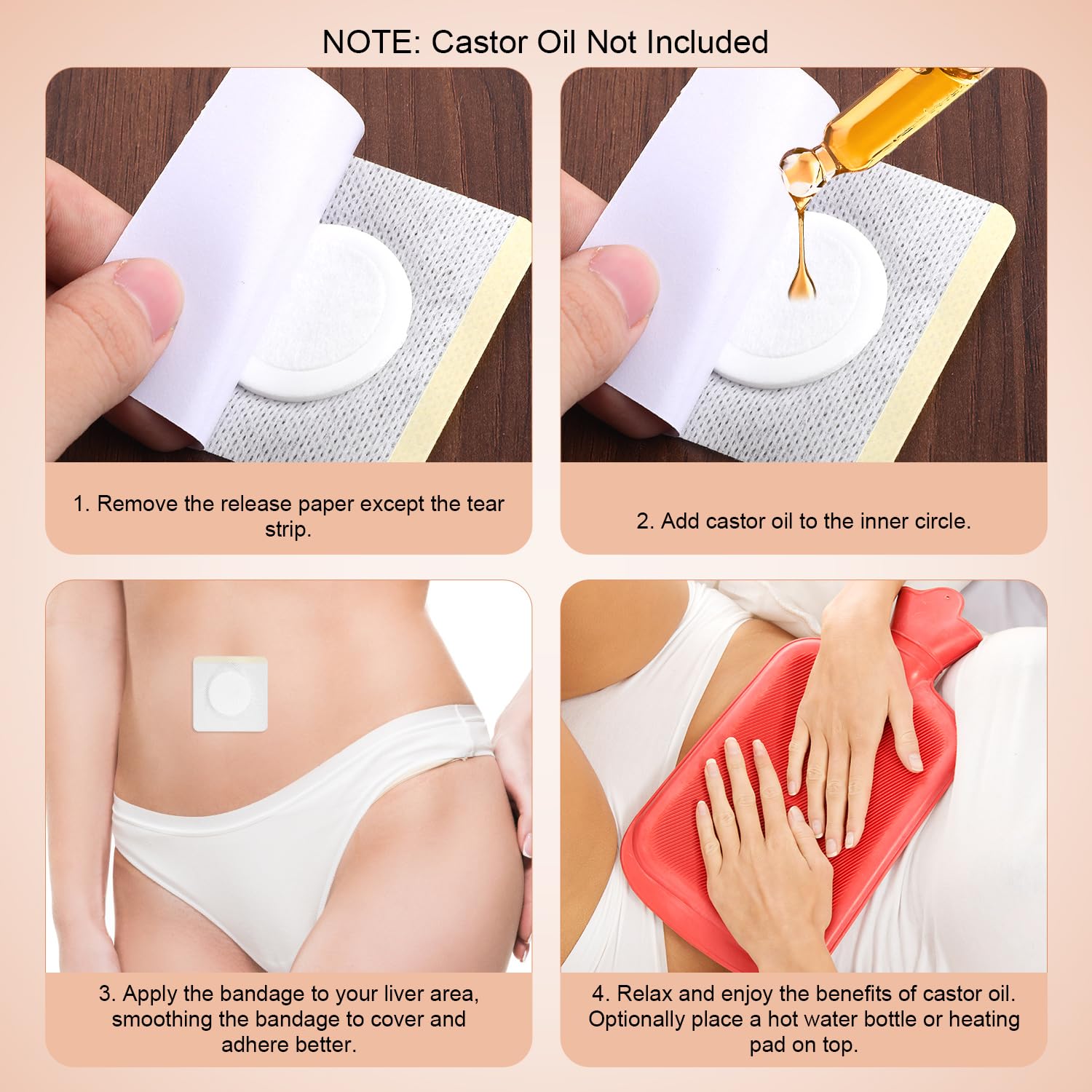 Packaged castor oil belly button patches, 30 pieces in white non-woven fabric