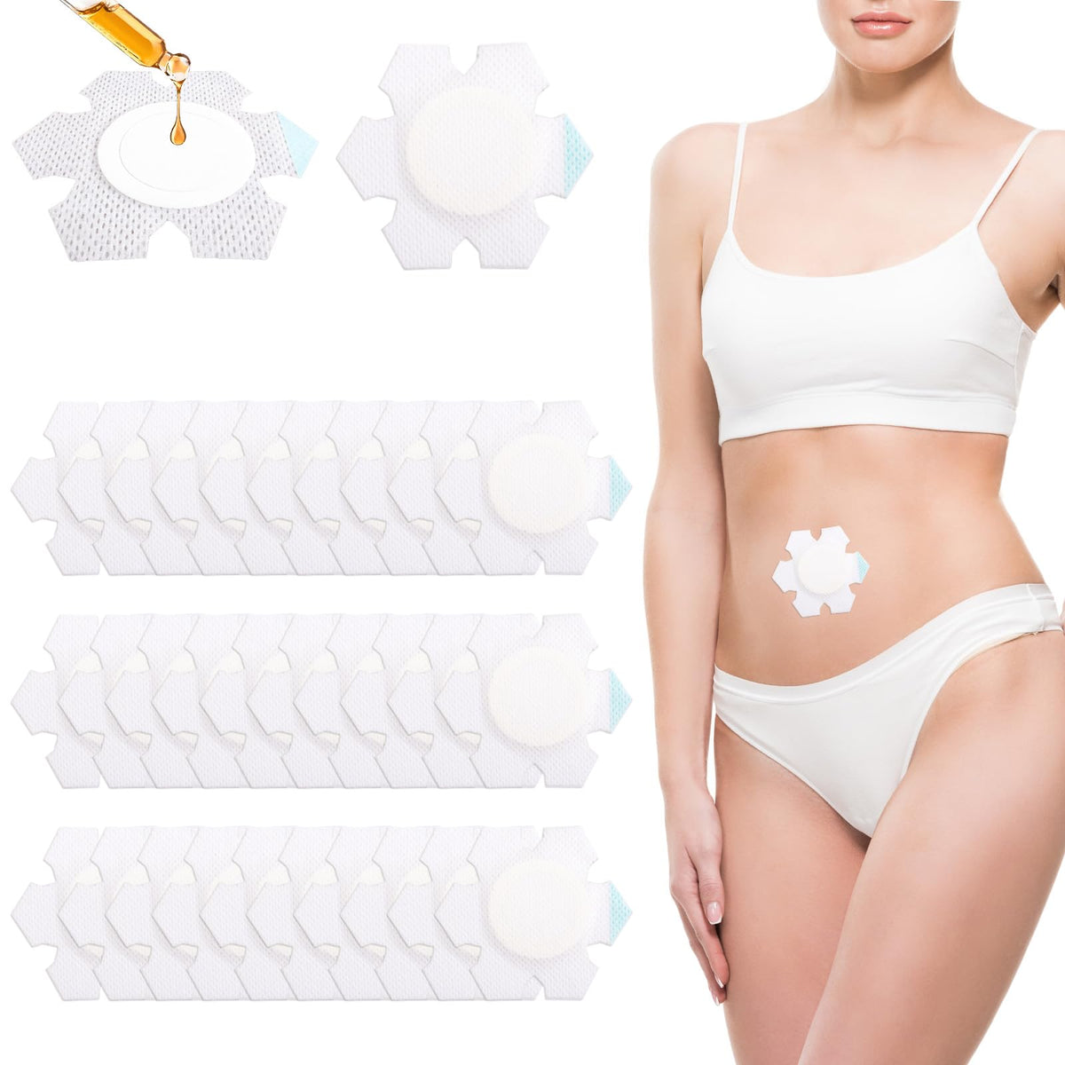 Pack of 50 self-adhesive castor oil belly button wraps