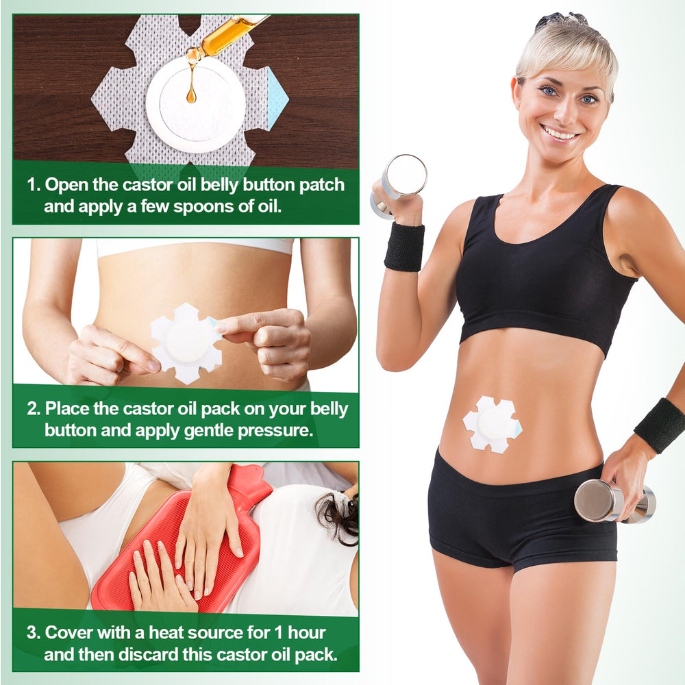 No-wash, single-use castor oil belly button wraps