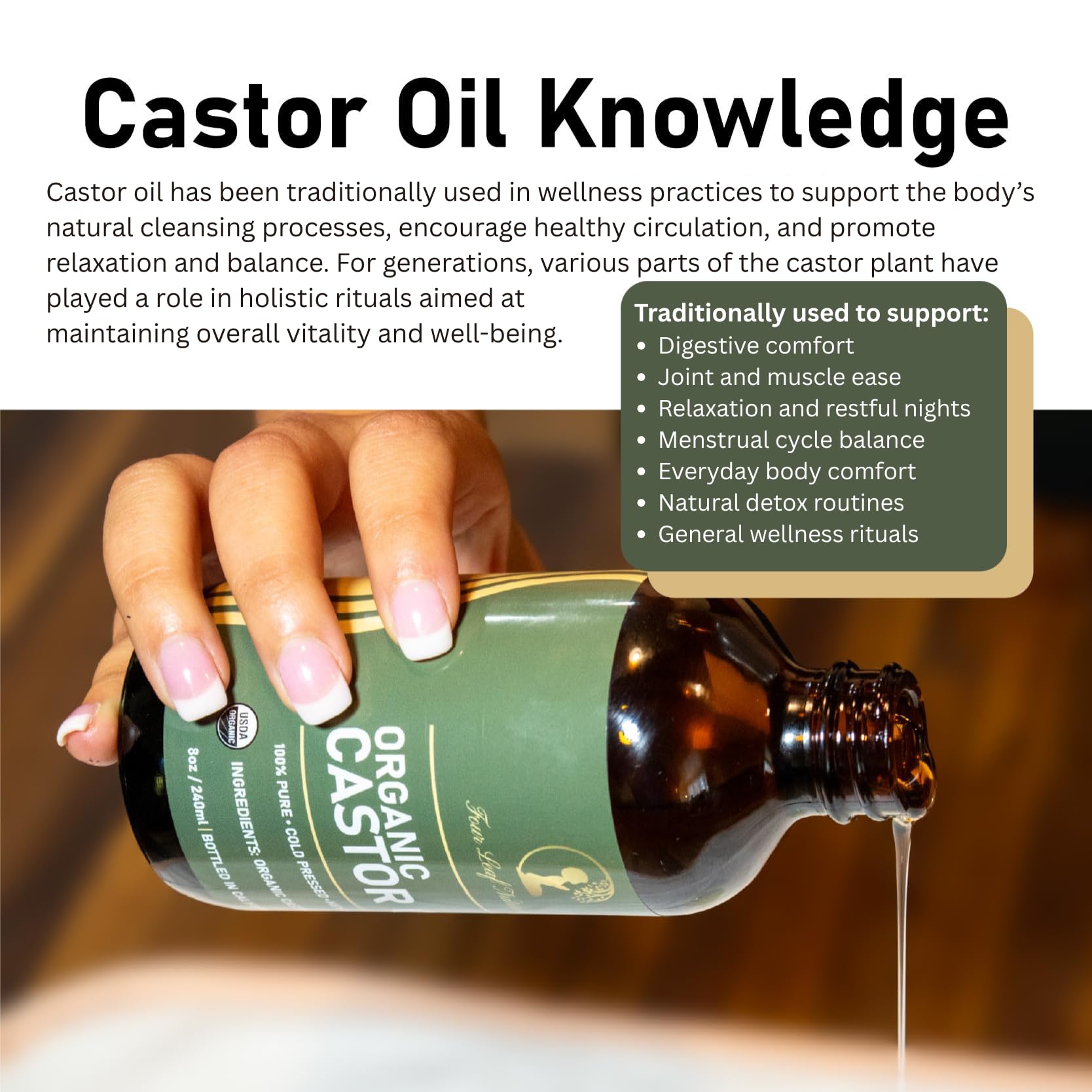 Close-up of glass bottle and pour spout with castor oil