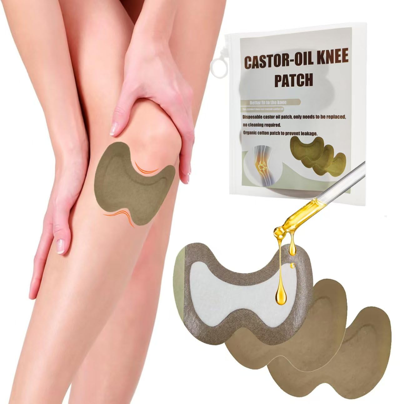 Knee-shaped castor oil patch with self-adhesive backing
