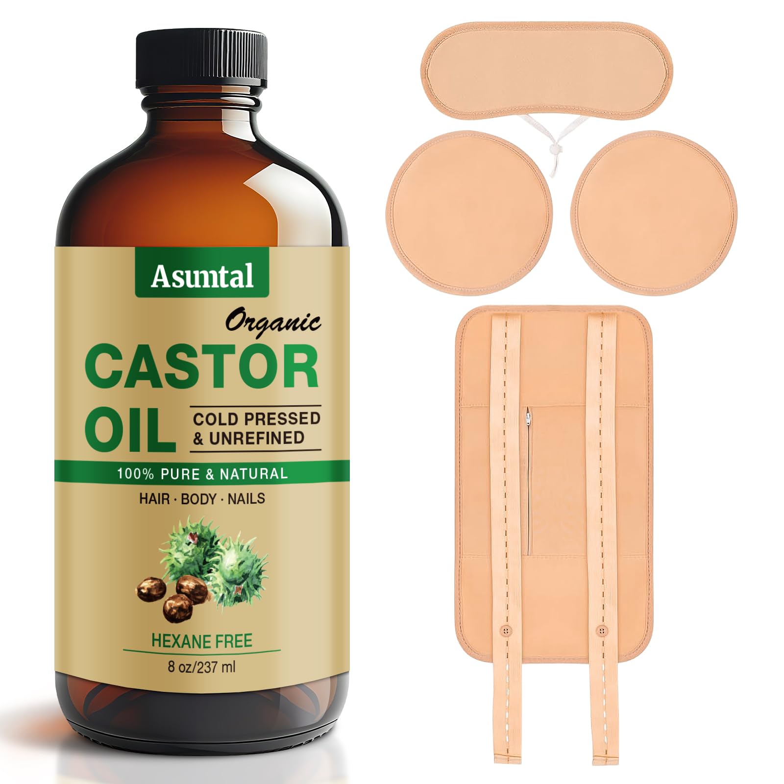 Organic cold-pressed castor oil in a glass bottle