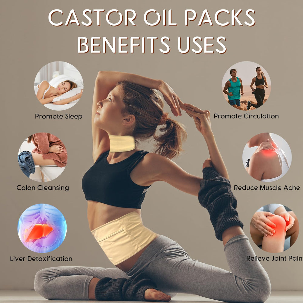 Complete castor oil pack kit contents: oil bottle, two wraps, and organic flannel cloth