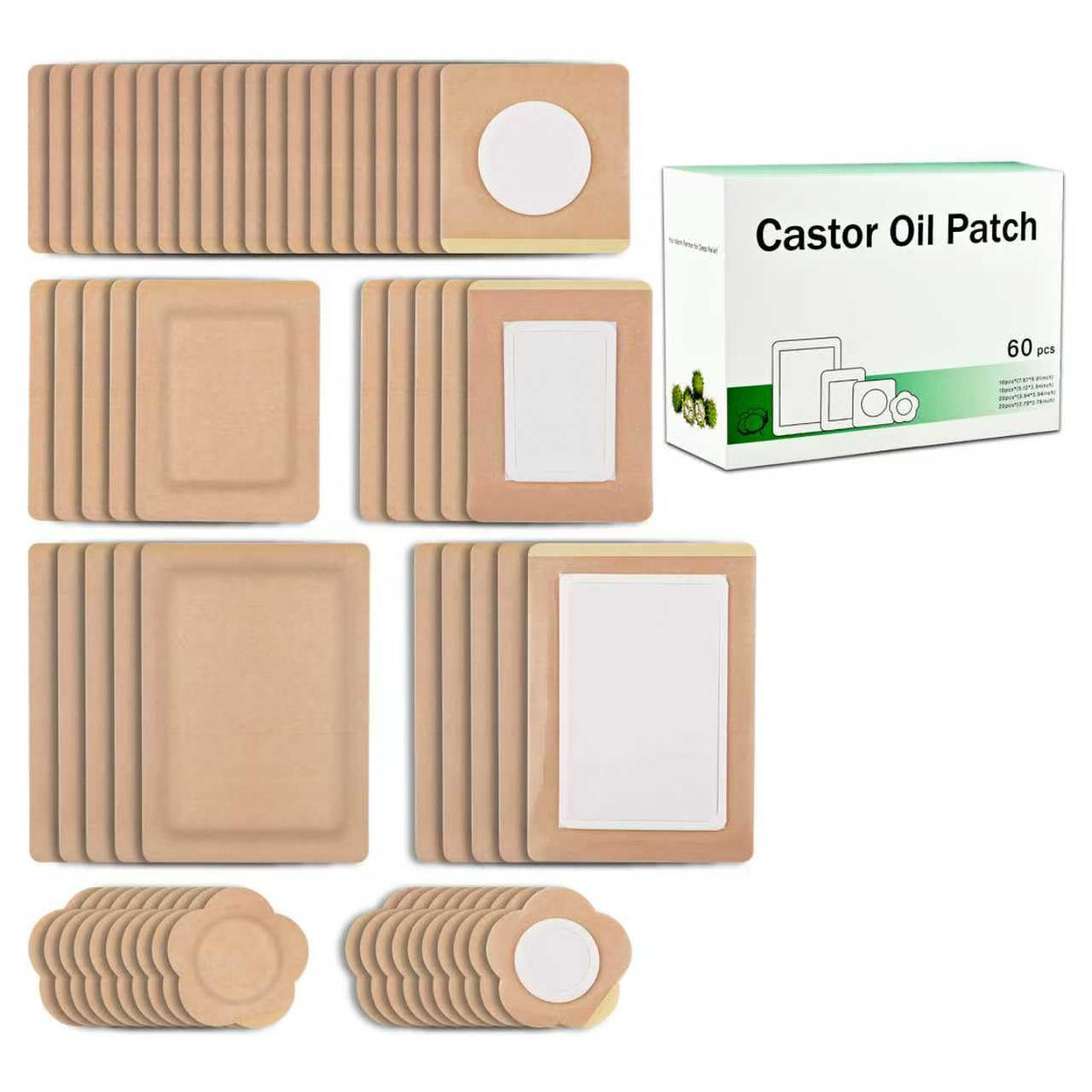 60-pack castor oil pack patches in four sizes