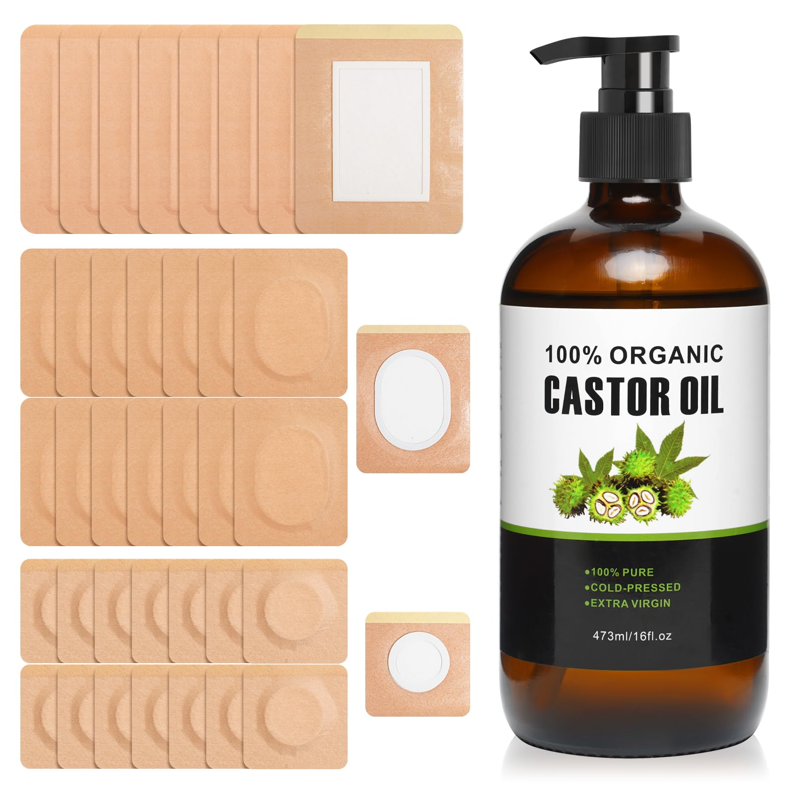 Castor oil pack set with 38 patches and wraps