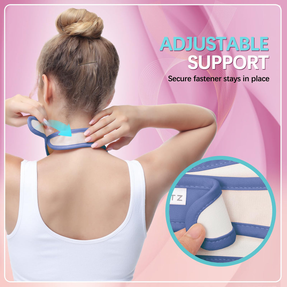Model wearing the violet castor oil neck wrap for a comfortable fit