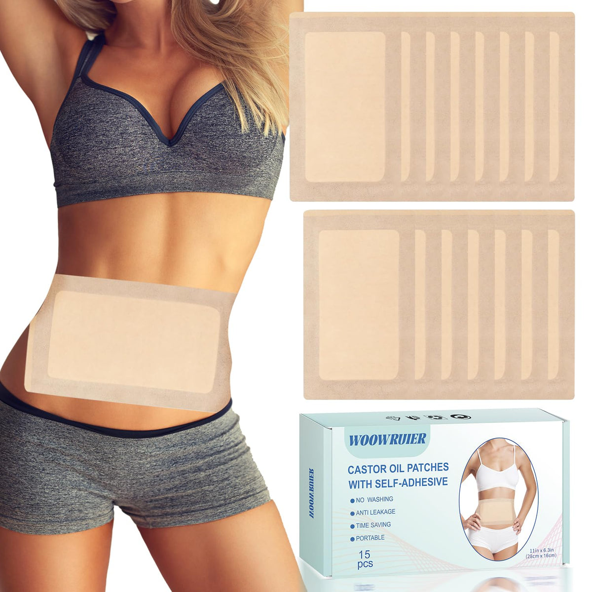 15 pieces large castor oil patch wraps with anti-leakage cotton core, 11x6.3 inches
