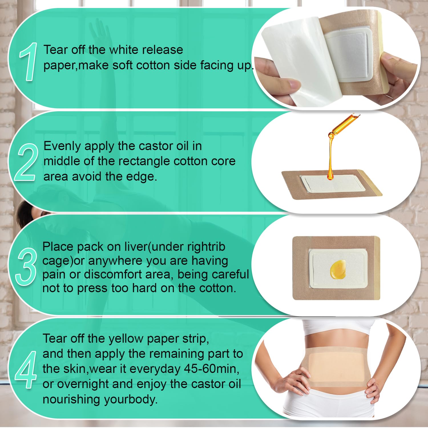 Castor oil patches suitable for abdomen, back and thighs