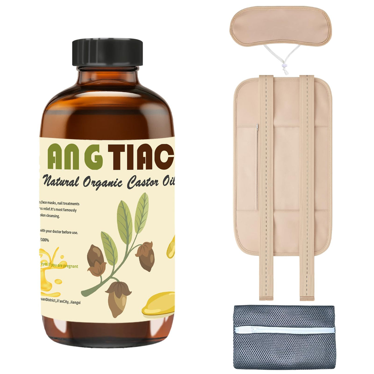 Castor Oil Pack Wrap Kit with 8.6oz bottle, neck wrap, and waist wrap