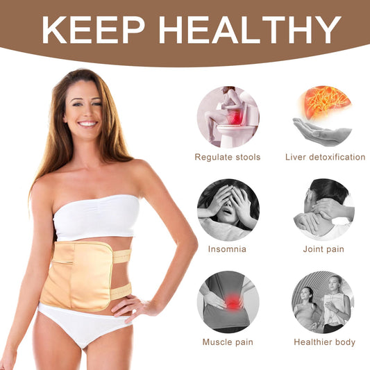 Flexible castor oil pack with adjustable strap on abdomen
