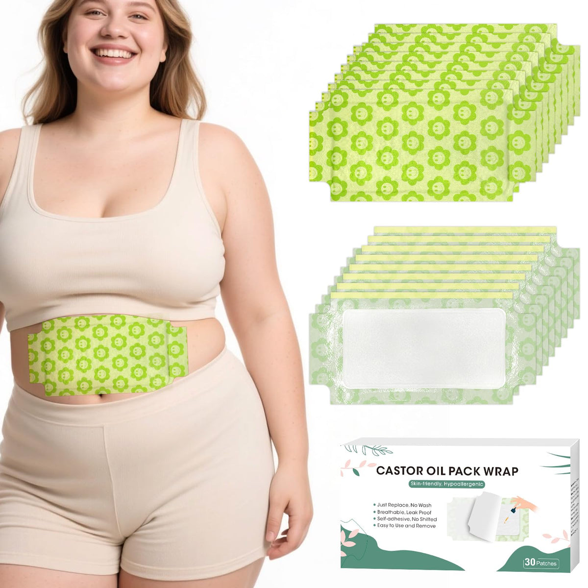 Box of 30 organic castor oil belly patches in disposable wrap