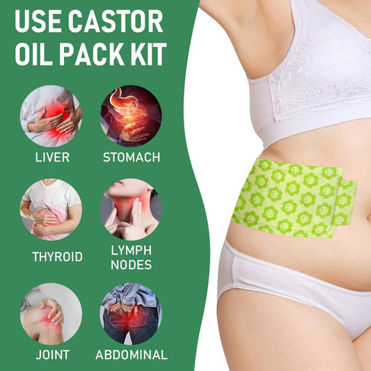 Plus-size castor oil patch on abdomen being positioned