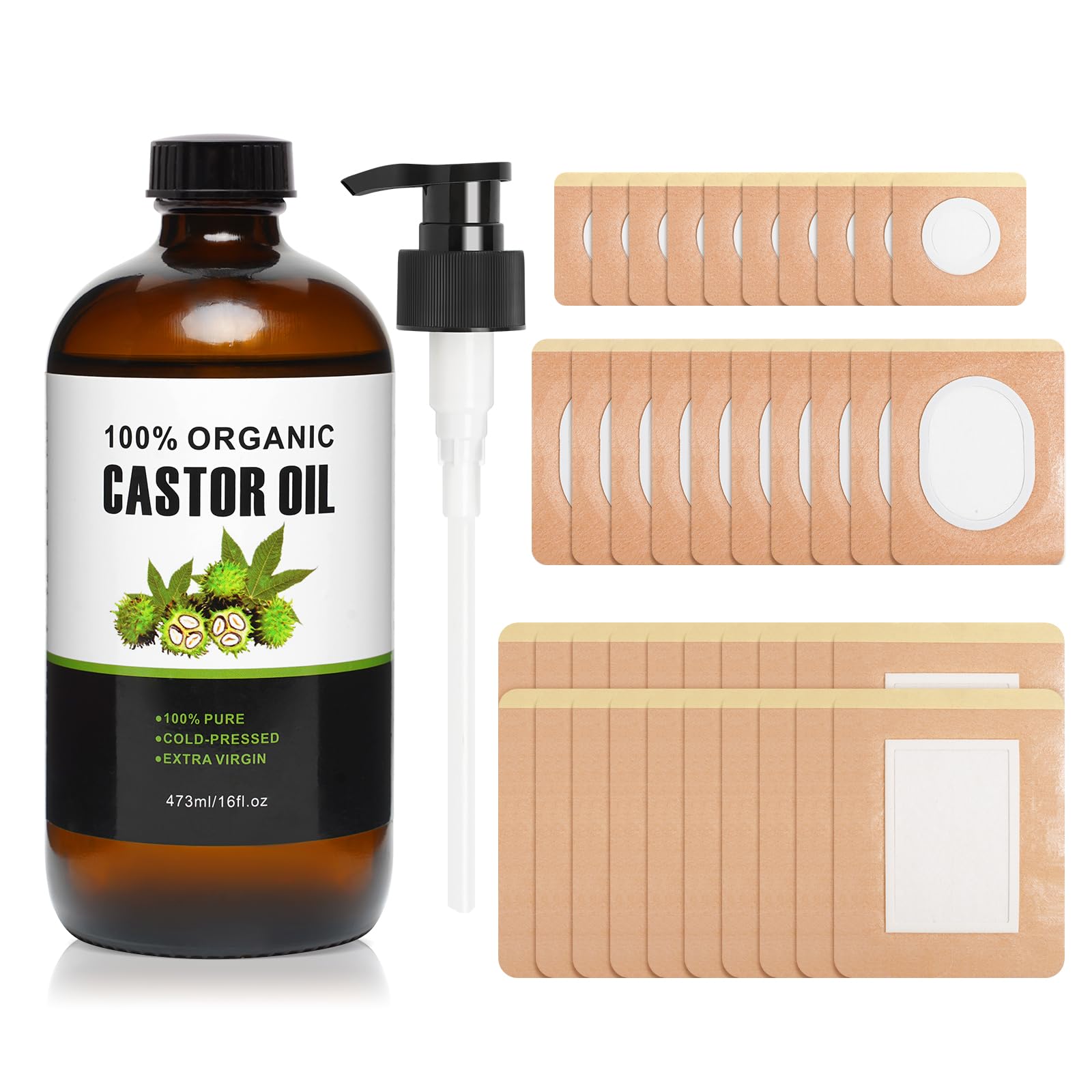 40Pcs Castor Oil Pack Wrap with 16 oz amber glass bottle