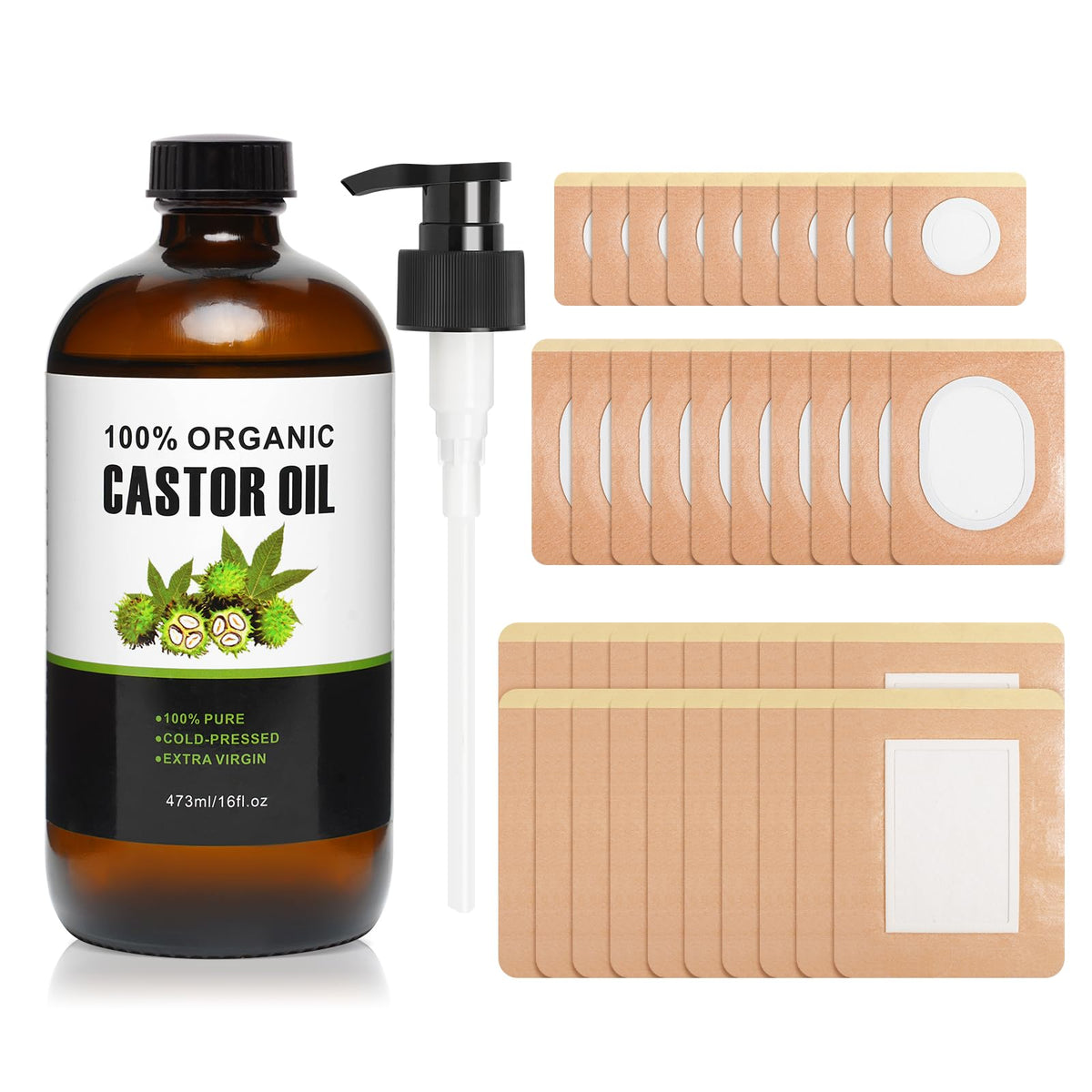 40Pcs Castor Oil Pack Wrap with 16 oz amber glass bottle