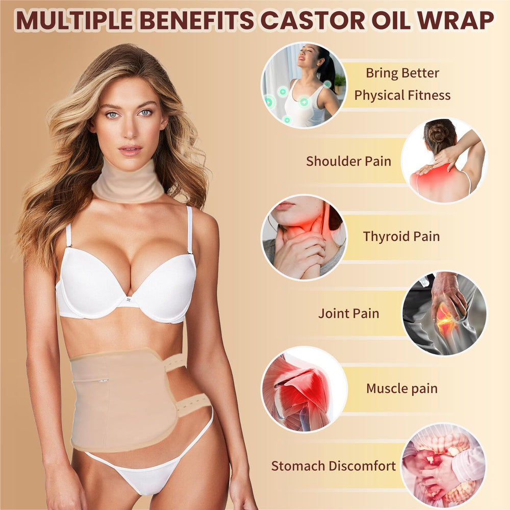Adjustable elastic strap on castor oil wrap for comfortable fit