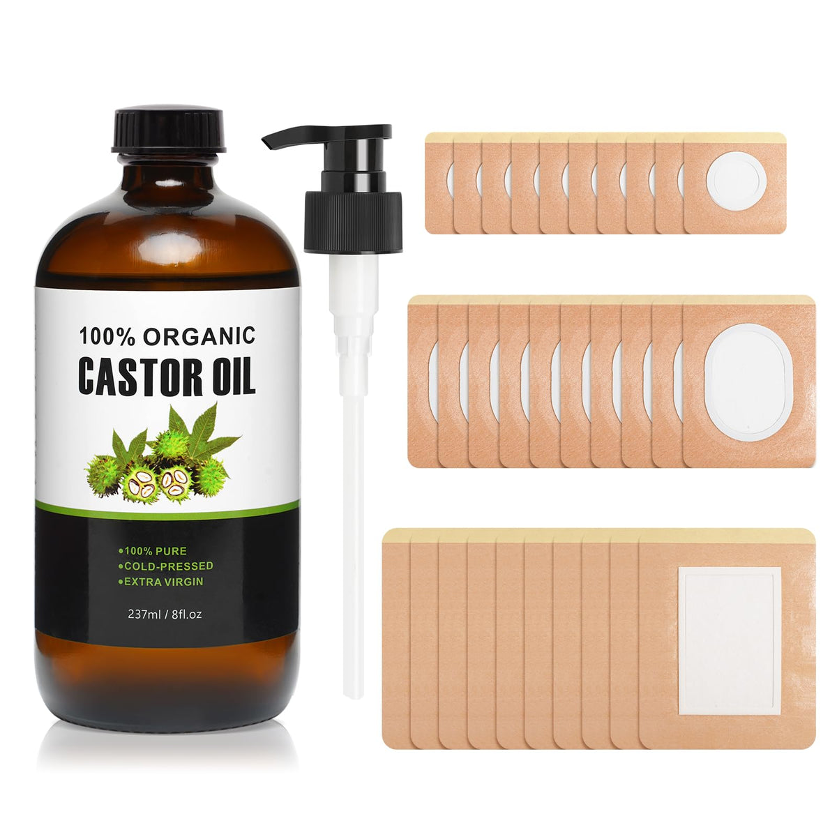 Castor oil pack wrap with 8 oz glass bottle