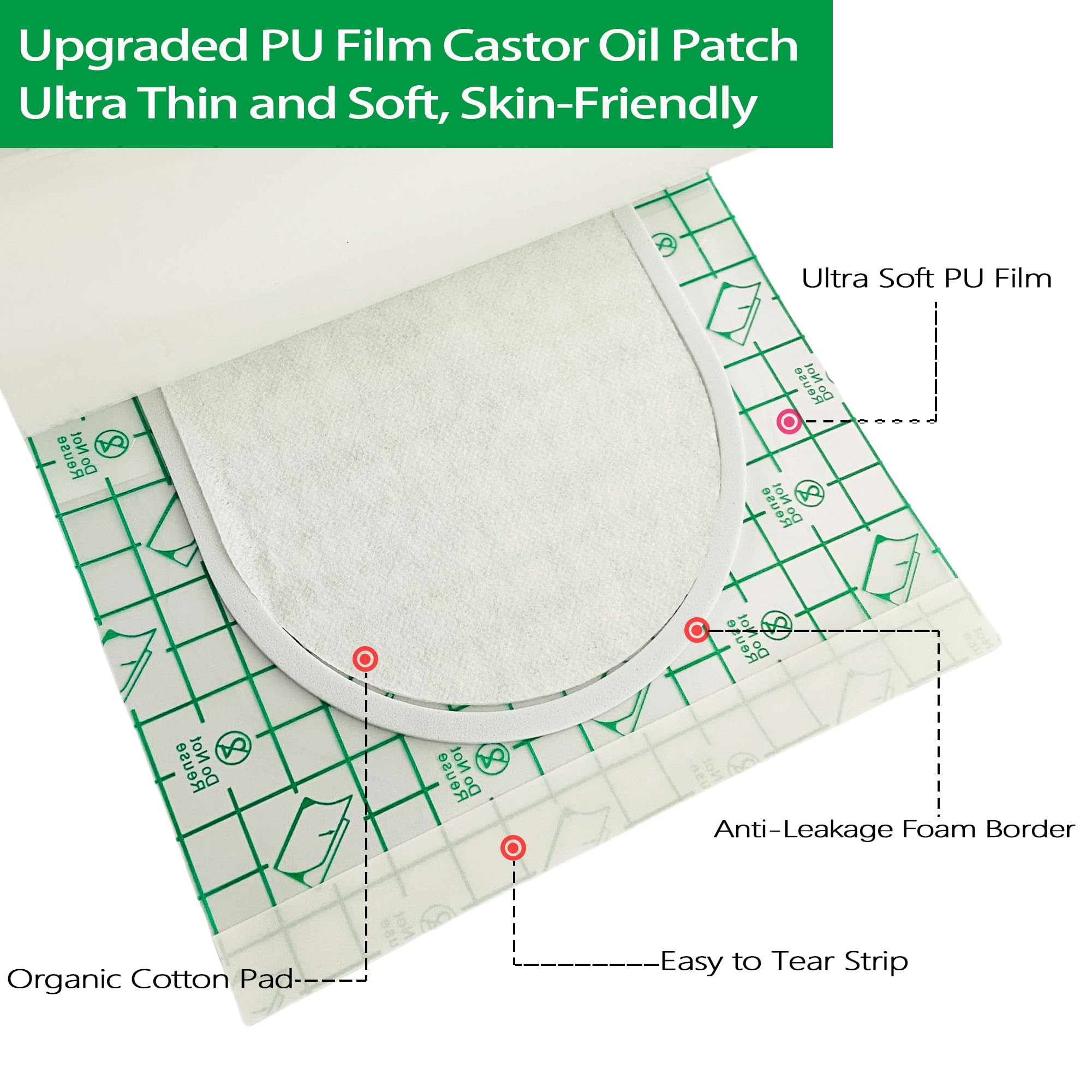 Ultra-thin outer PU film and skin-friendly castor oil patch on skin