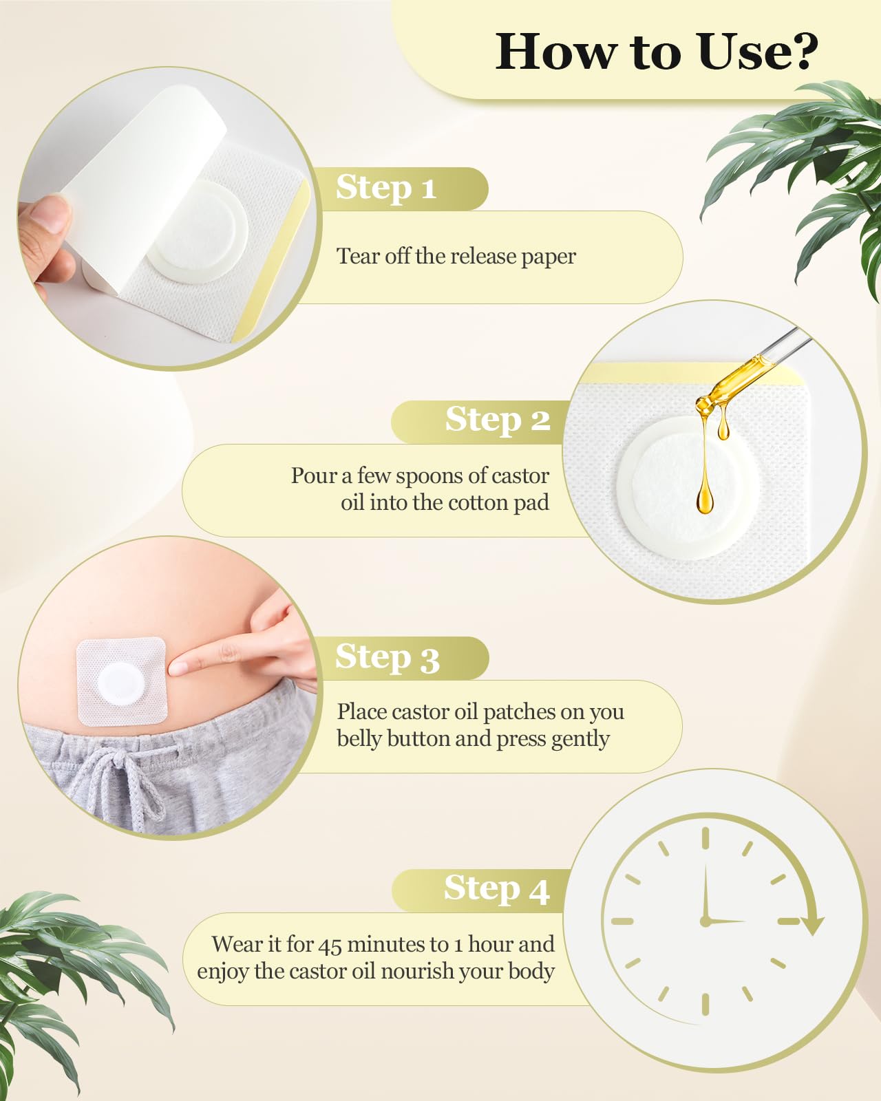 Applying castor oil patch to belly button