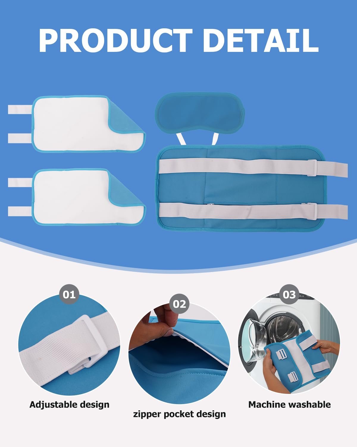 Machine-washable castor oil packs in blue with elastic strap