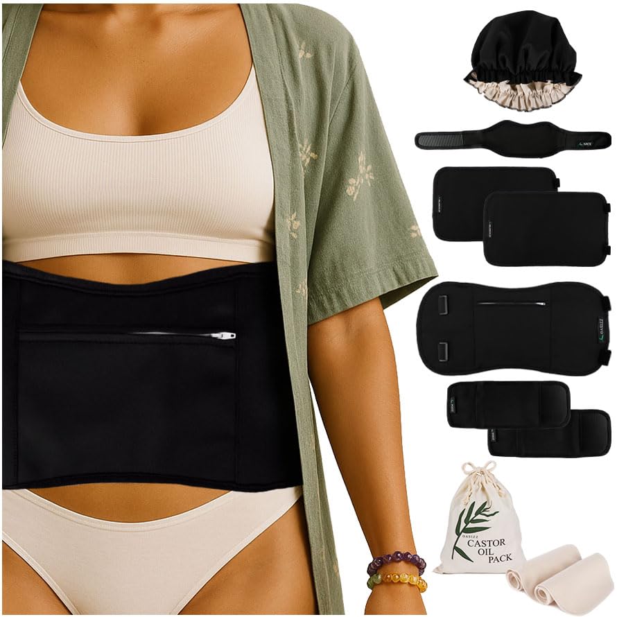 Reusable Castor Oil Pack Wrap Kit laid out in chic black fabric
