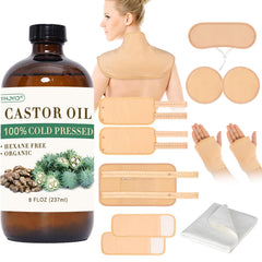 Castor oil pack wrap kit with glass bottle and reusable pads