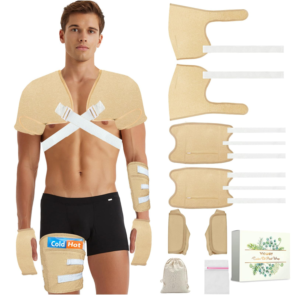 Castor Oil Pack Wrap for Men shoulder packs secured with full adhesive