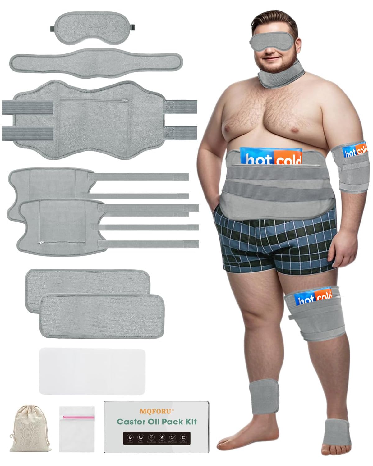 Front view of plus-size XL castor oil pack wrap in light gray