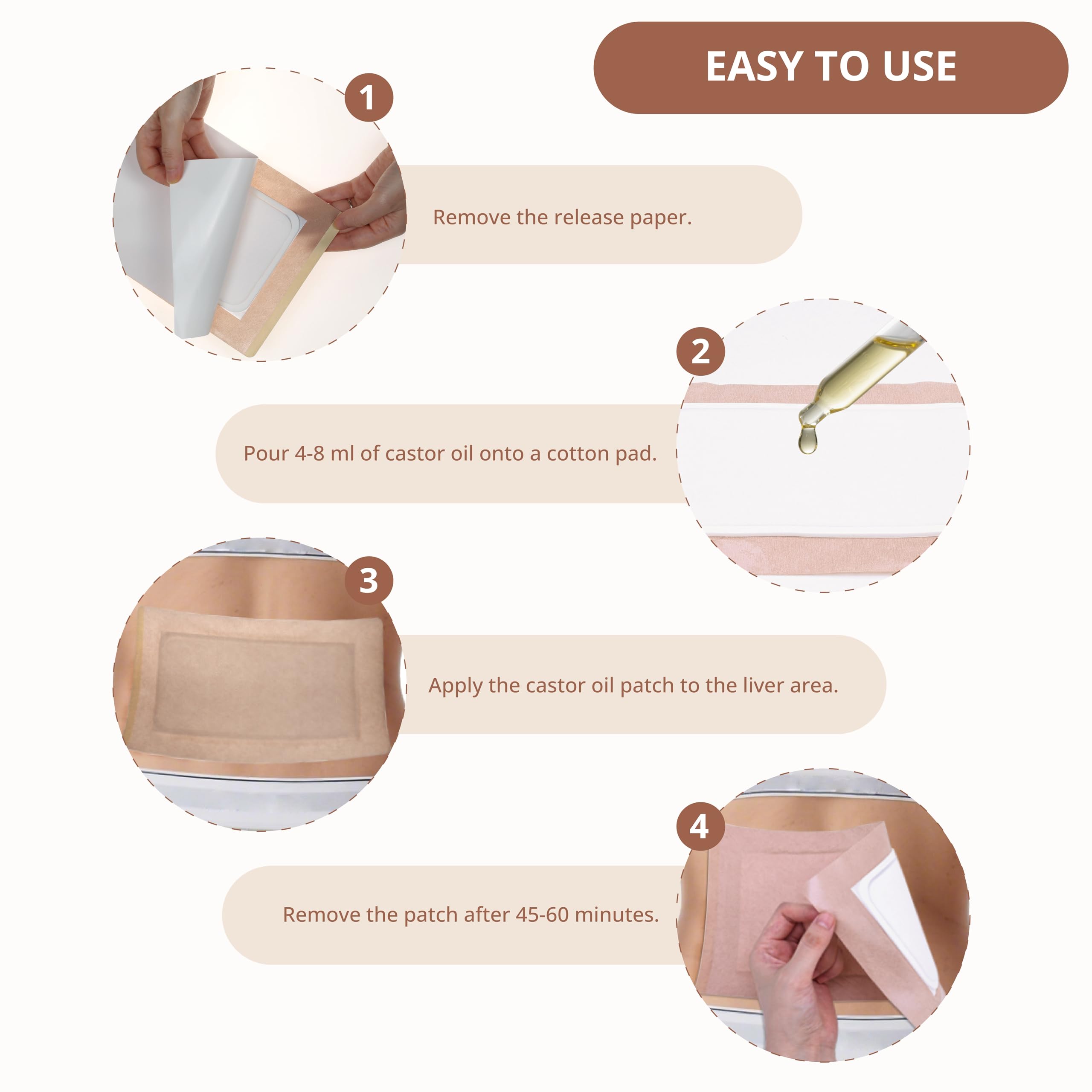 Usage instruction: apply castor oil and place heating pad