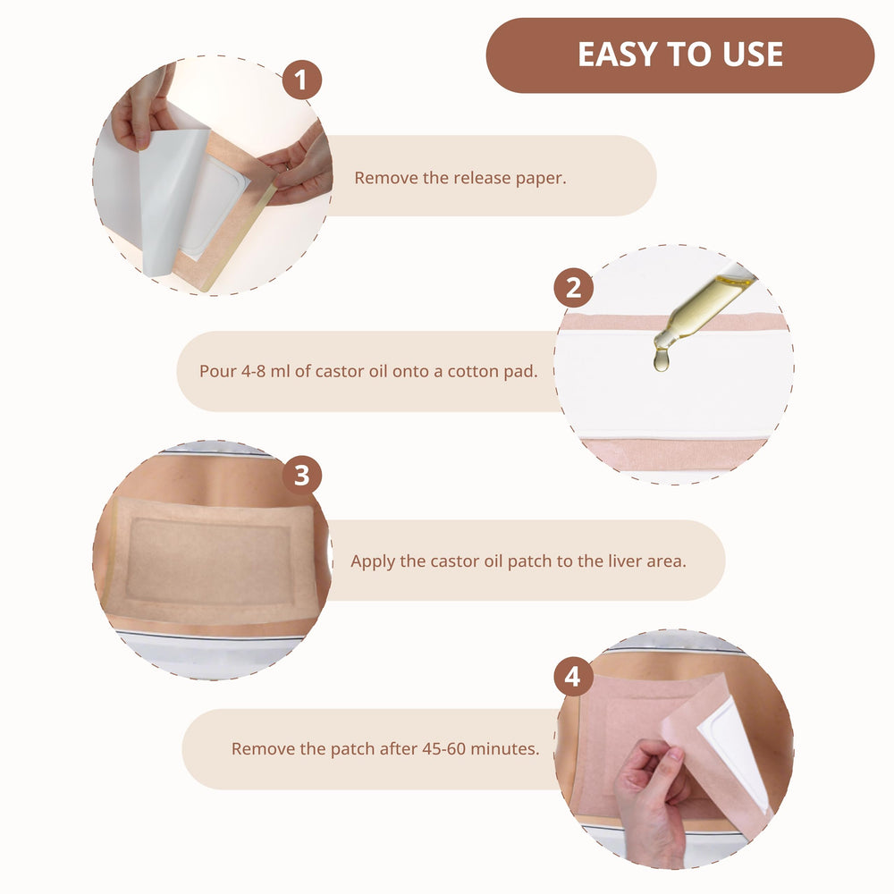 Usage instruction: apply castor oil and place heating pad